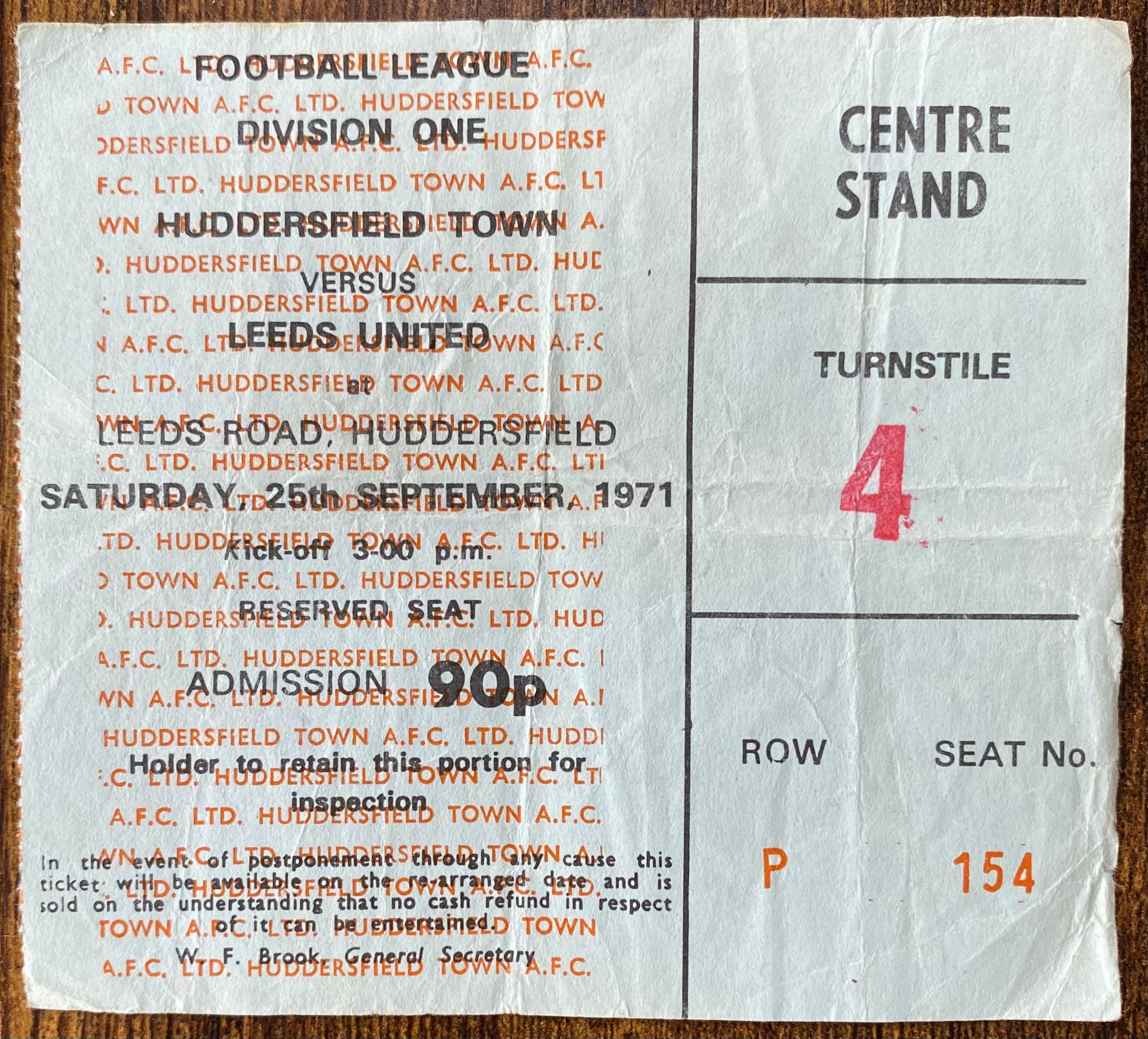 1971/72 ORIGINAL DIVISION 1 TICKET HUDDERSFIELD TOWN V LEEDS UNITED