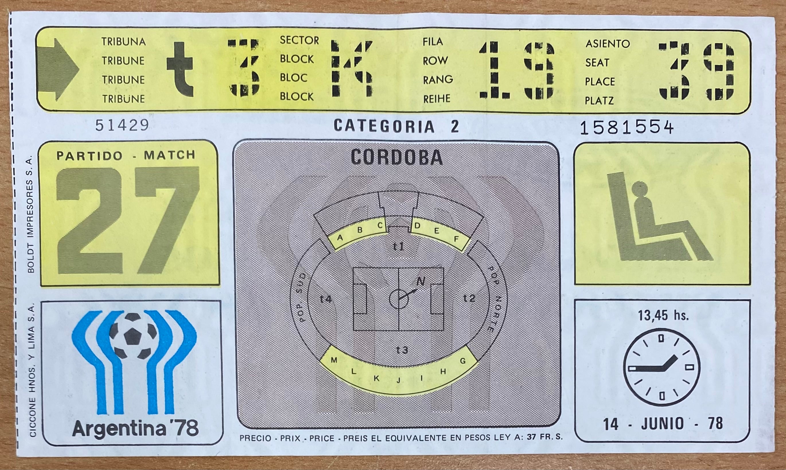 1978 ORIGINAL WORLD CUP 2ND ROUND  TICKET AUSTRIA V NETHERLANDS @CORDOBA