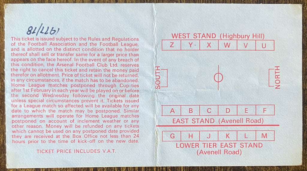 1977/78 ORIGINAL DIVISION ONE TICKET ARSENAL V LIVERPOOL