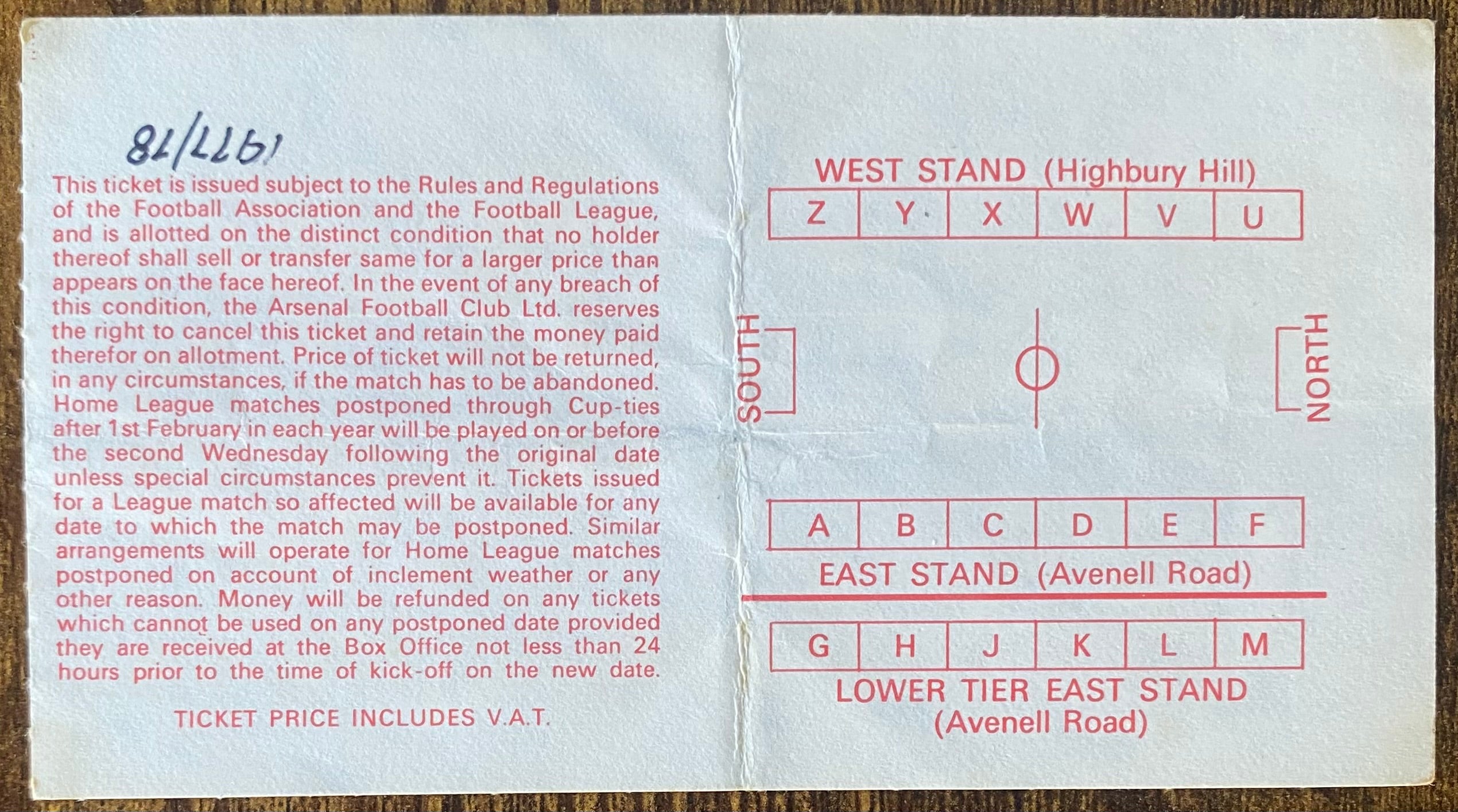 1977/78 ORIGINAL DIVISION ONE TICKET ARSENAL V LIVERPOOL