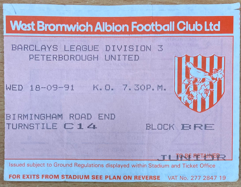 1991/92 ORIGINAL DIVISION 3 TICKET WEST BROMWICH ALBION V PETERBOROUGH UNITED