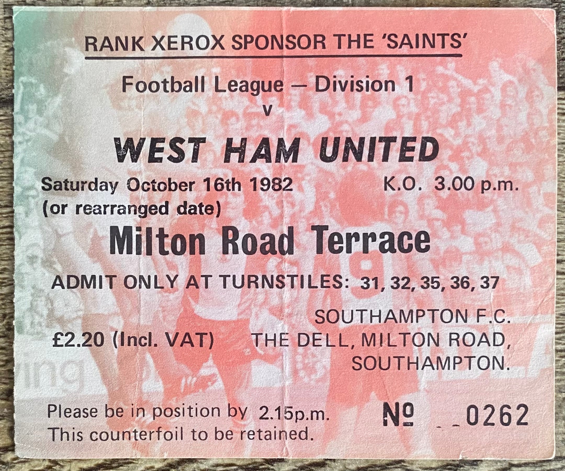 1982/83 ORIGINAL DIVISION ONE TICKET SOUTHAMPTON V WEST HAM UNITED