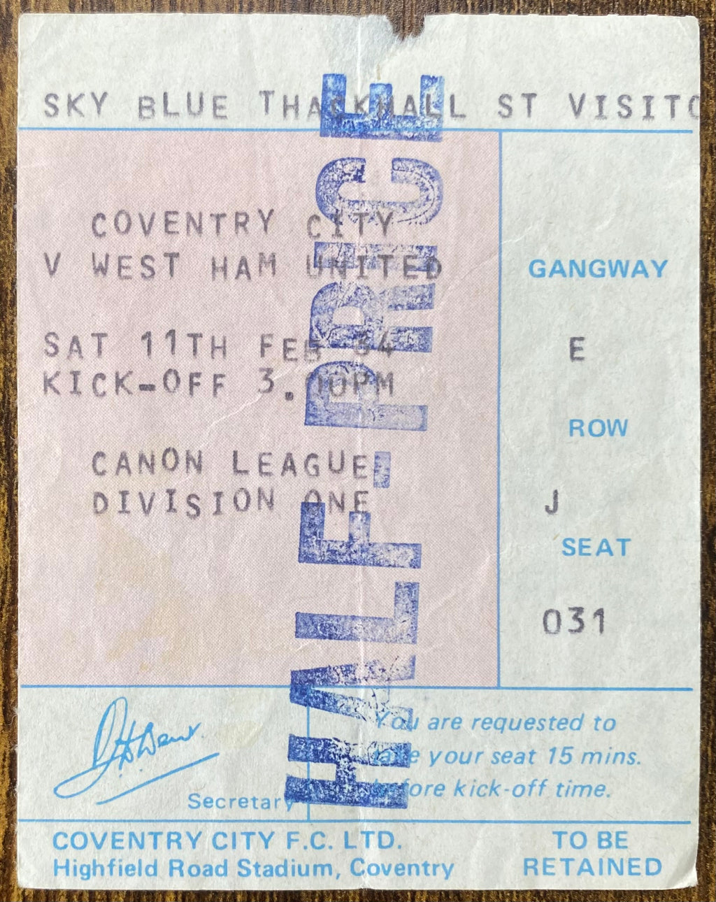 1983/84 ORIGINAL DIVISION 1 TICKET COVENTRY CITY V WEST HAM UNITED