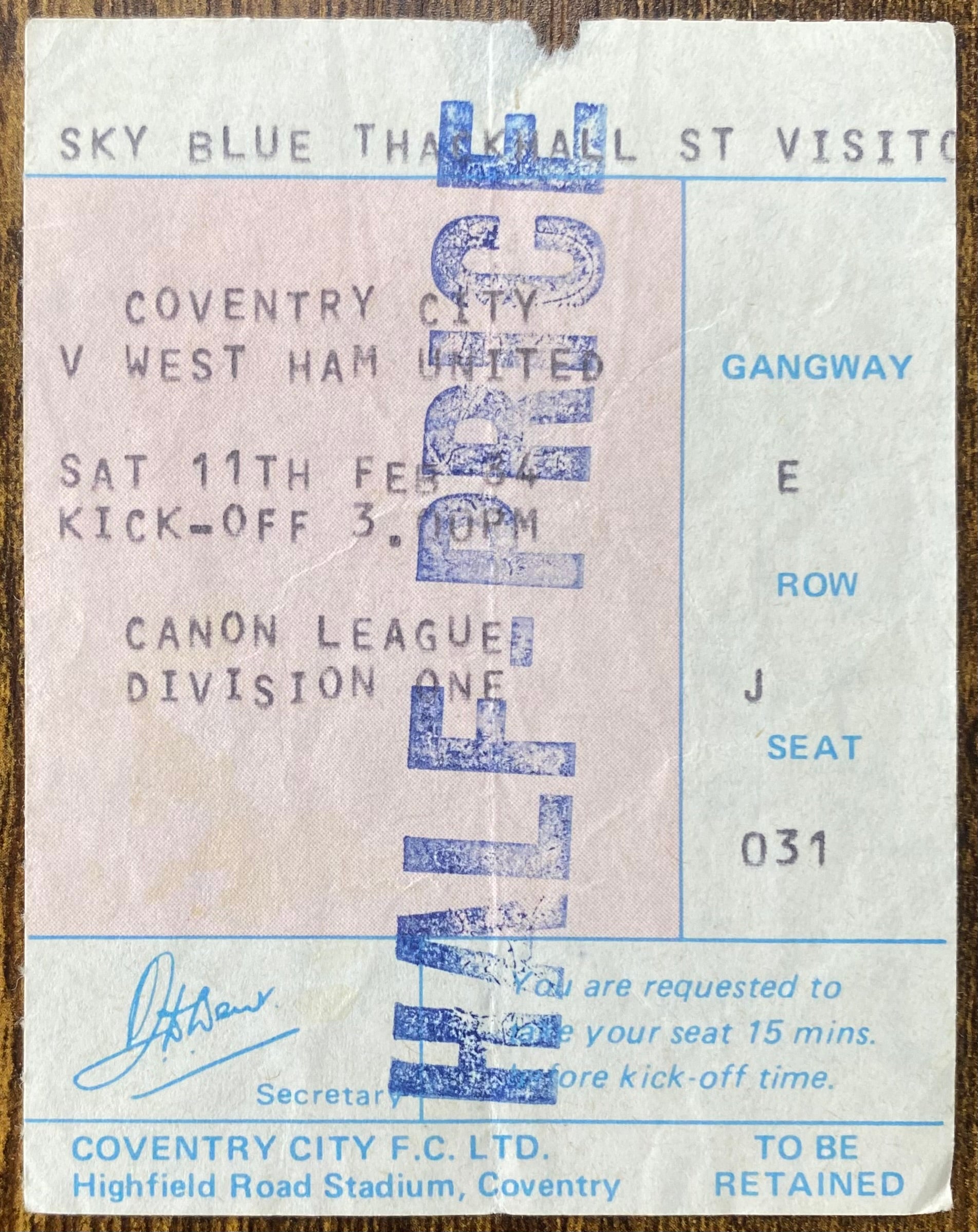 1983/84 ORIGINAL DIVISION 1 TICKET COVENTRY CITY V WEST HAM UNITED