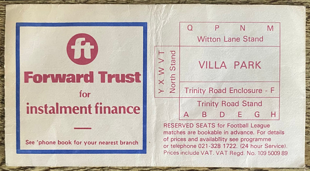 1981/82 ORIGINAL DIVISION 1 TICKET ASTON VILLA V WEST HAM UNITED