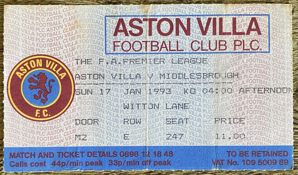 1992/93 ORIGINAL PREMIER LEAGUE TICKET ASTON VILLA V MIDDLESBROUGH