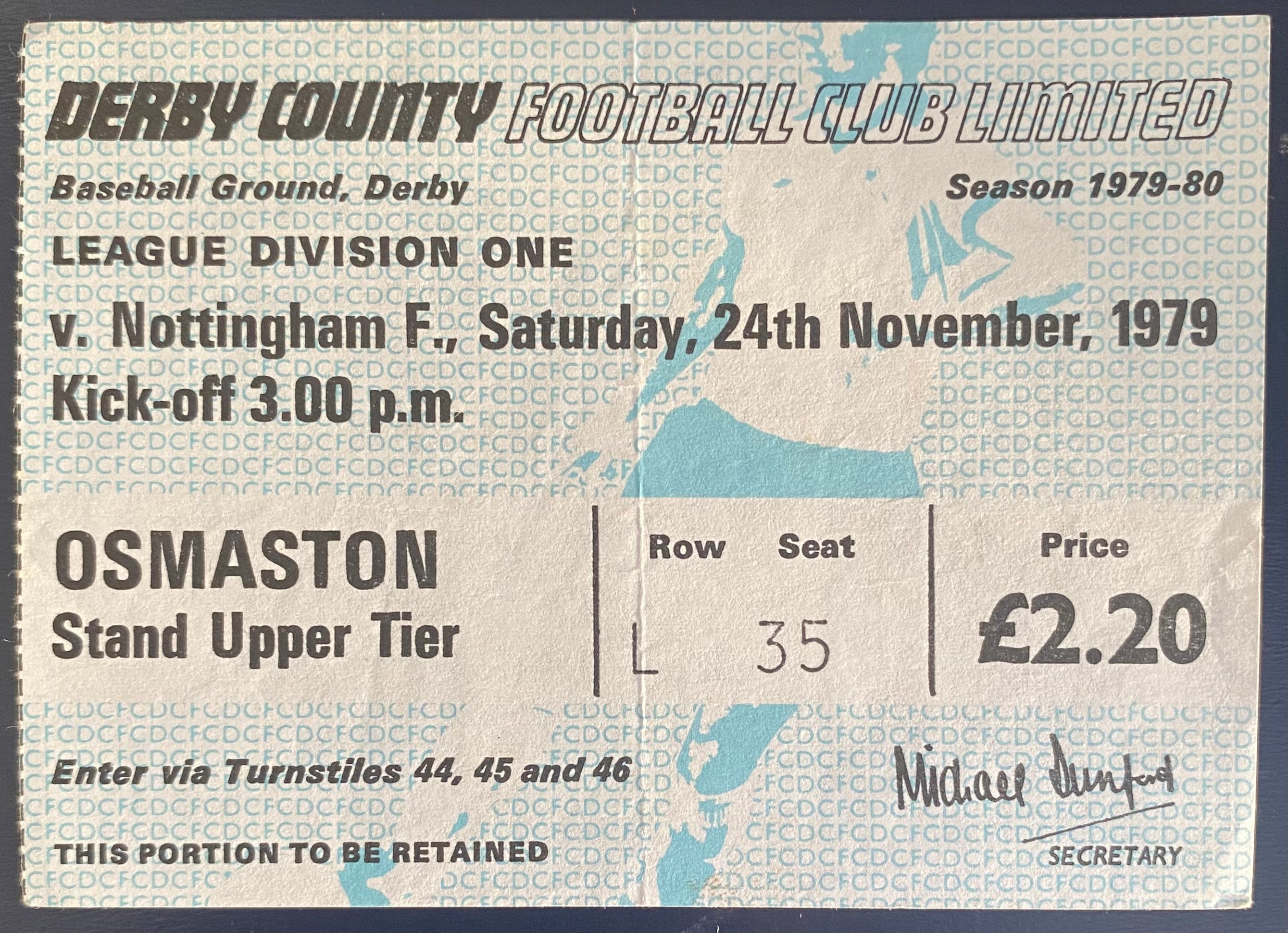 1979/80 ORIGINAL DIVISION 1 TICKET DERBY COUNTY V NOTTINGHAM FOREST