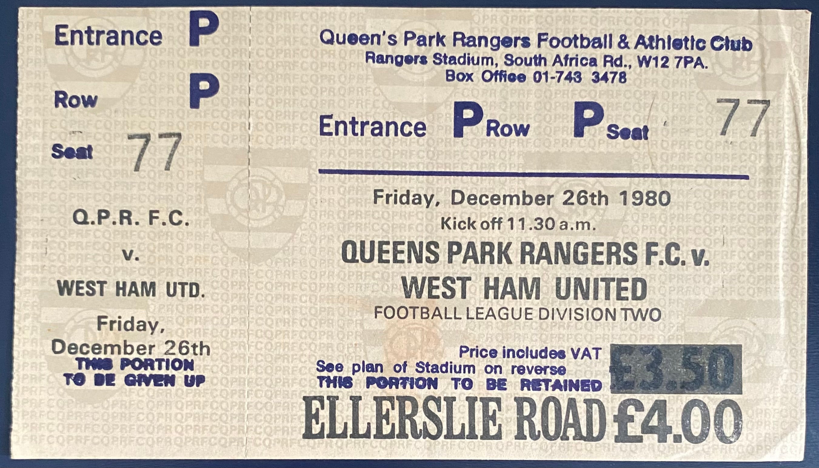 1980/81 ORIGINAL UNUSED DIVISION 2 TICKET QUEENS PARK RANGERS V WEST HAM UNITED