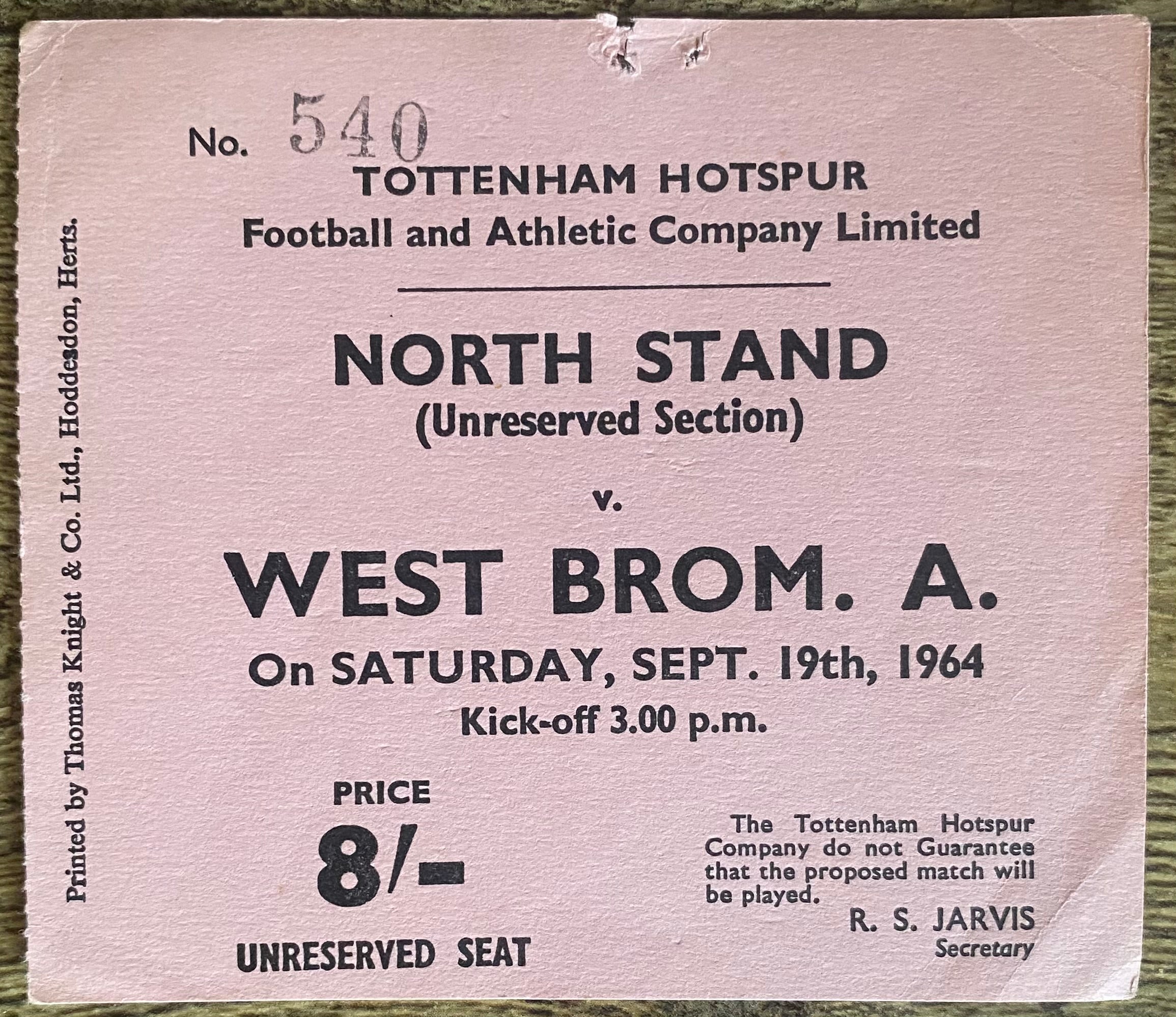 1964/65 ORIGINAL DIVISION ONE TICKET TOTTENHAM HOTSPUR V WEST BROMWICH ALBION
