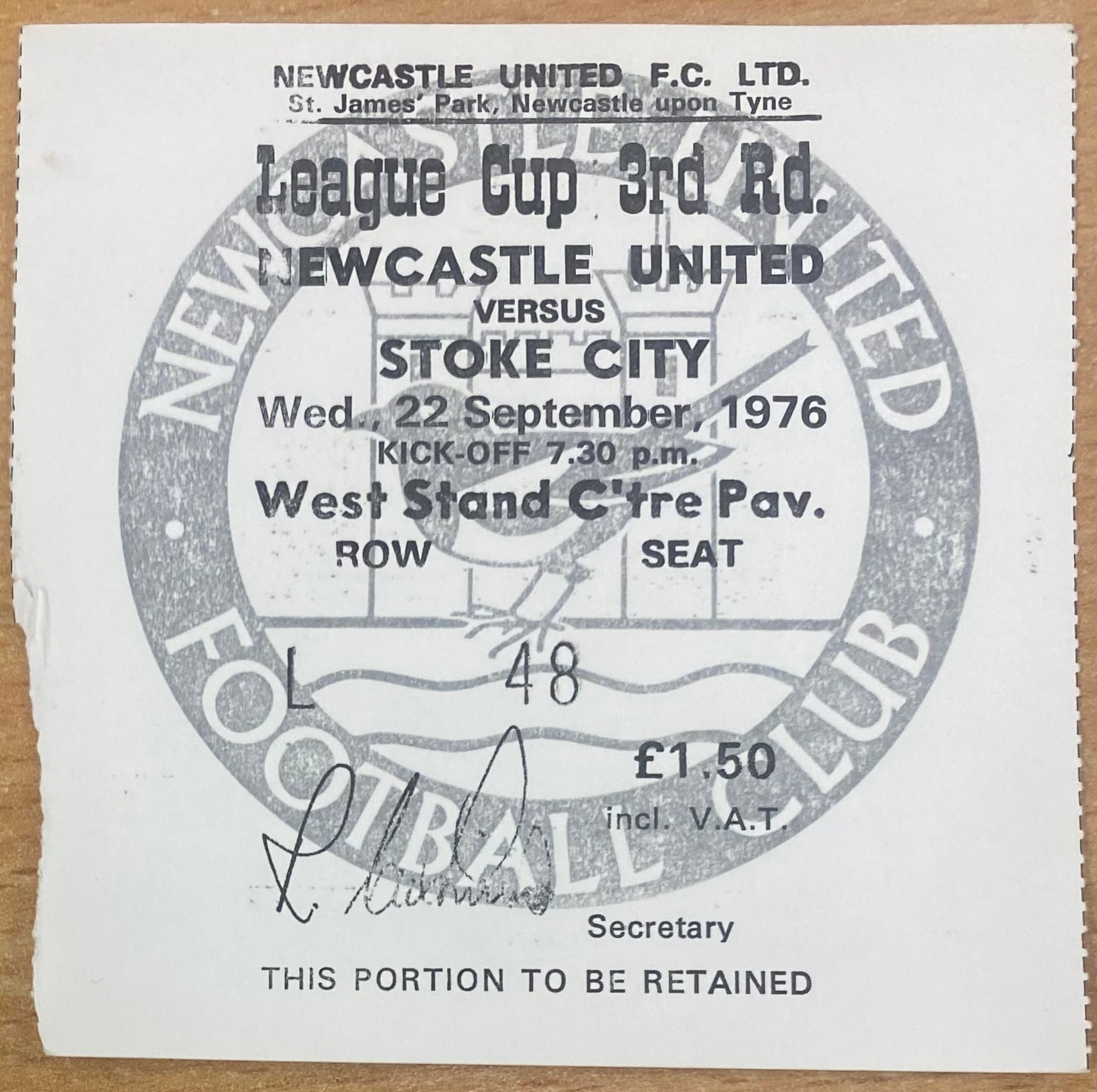 1976/77 ORIGINAL LEAGUE CUP 3RD ROUND TICKET NEWCASTLE UNITED V STOKE CITY