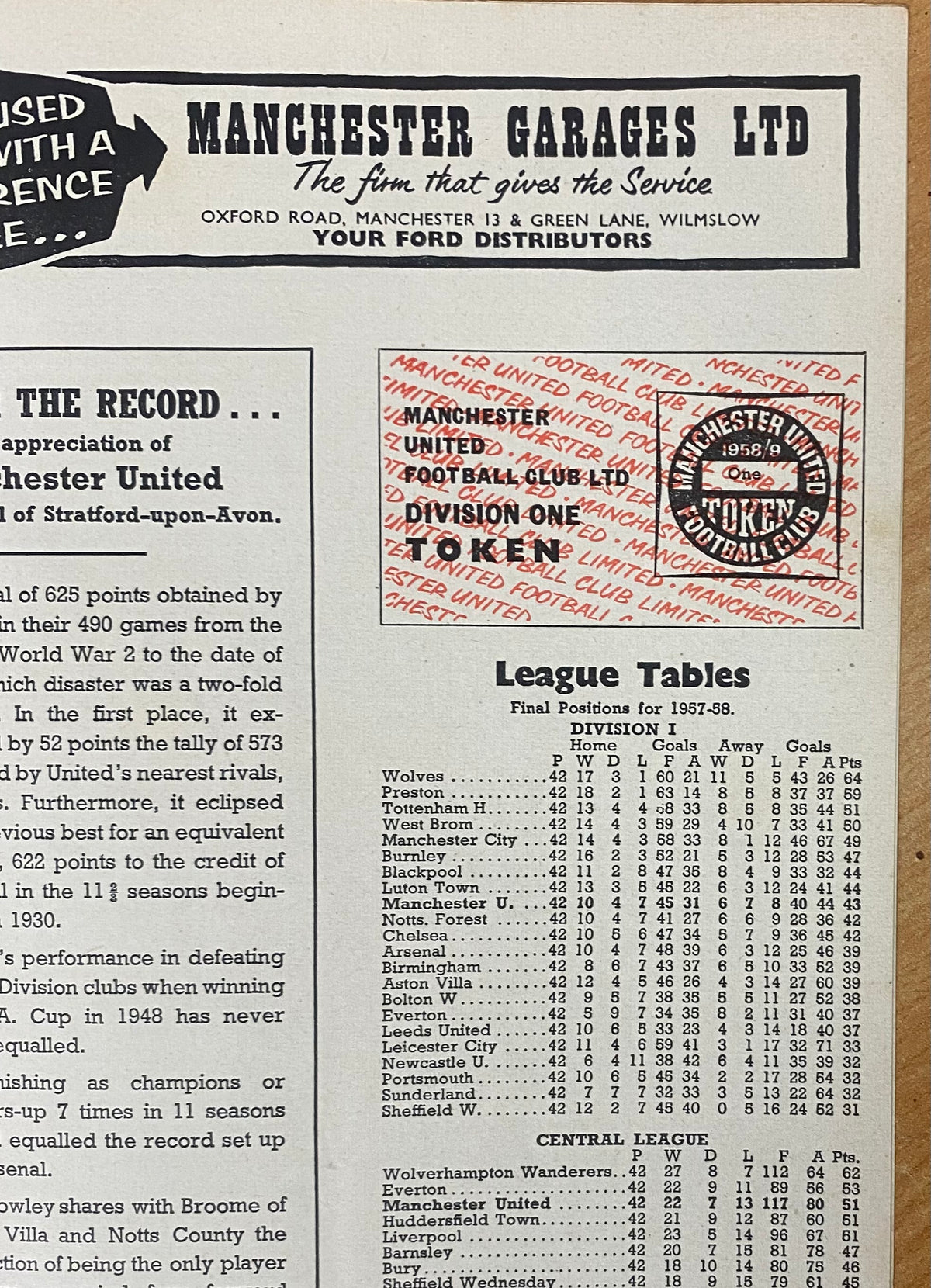 1958/59 ORIGINAL DIVISION ONE PROGRAMME MANCHESTER UNITED V CHELSEA (WITH TOKEN SHEET)