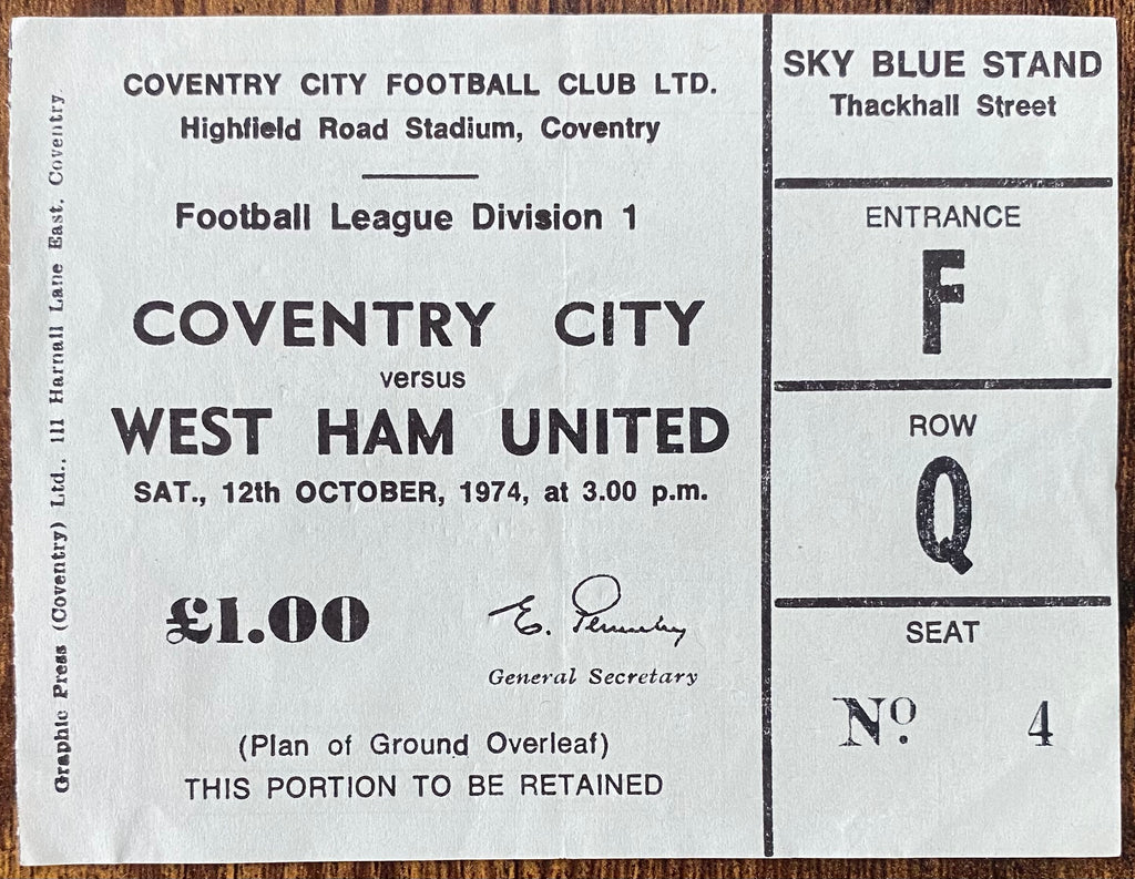 1974/75 ORIGINAL DIVISION 1 TICKET COVENTRY CITY V WEST HAM UNITED