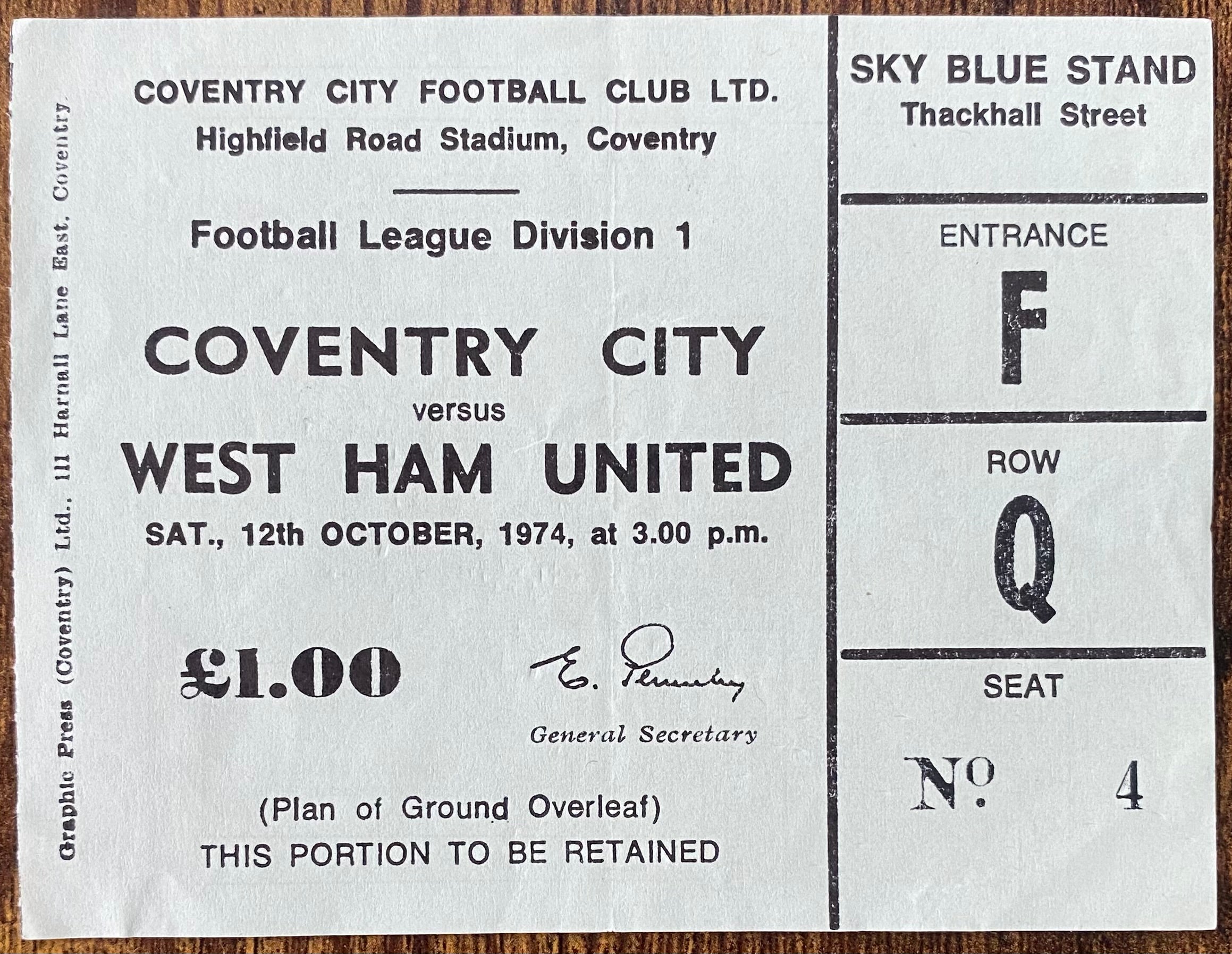 1974/75 ORIGINAL DIVISION 1 TICKET COVENTRY CITY V WEST HAM UNITED