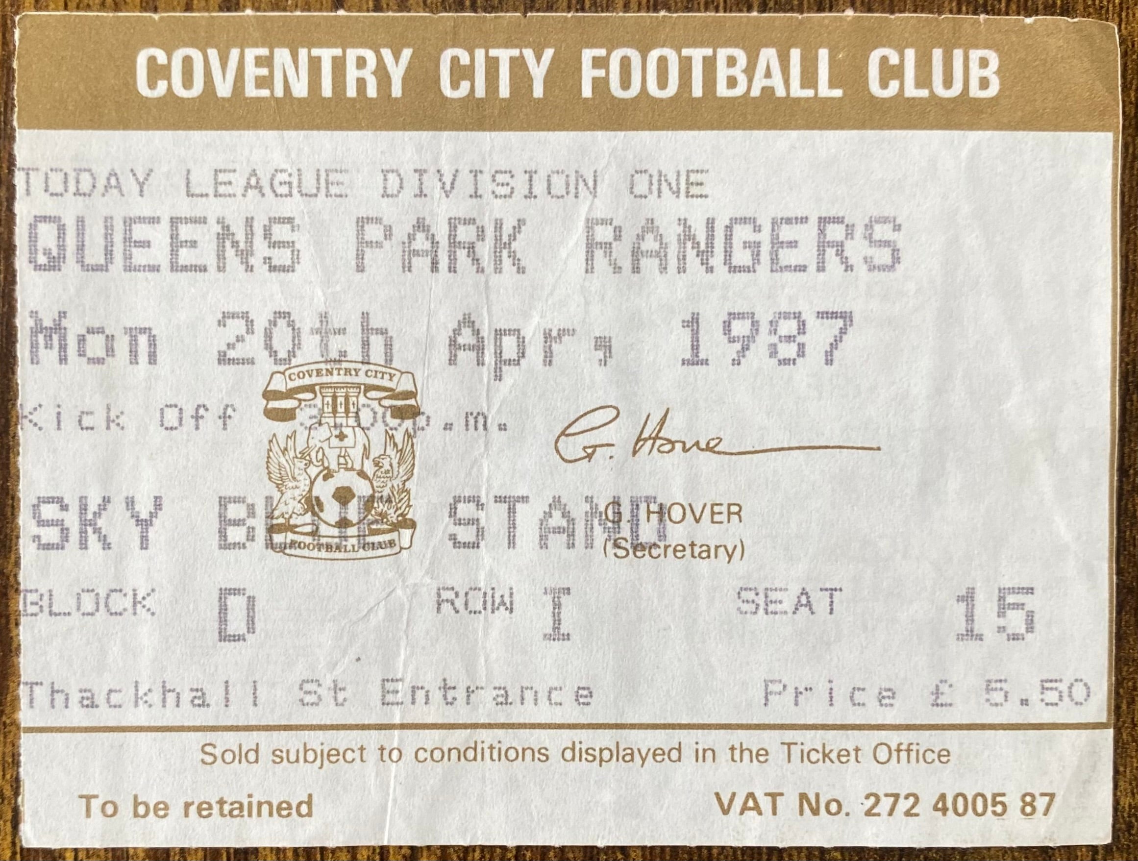 1986/87 ORIGINAL DIVISION 1 TICKET COVENTRY CITY V QUEENS PARK RANGERS