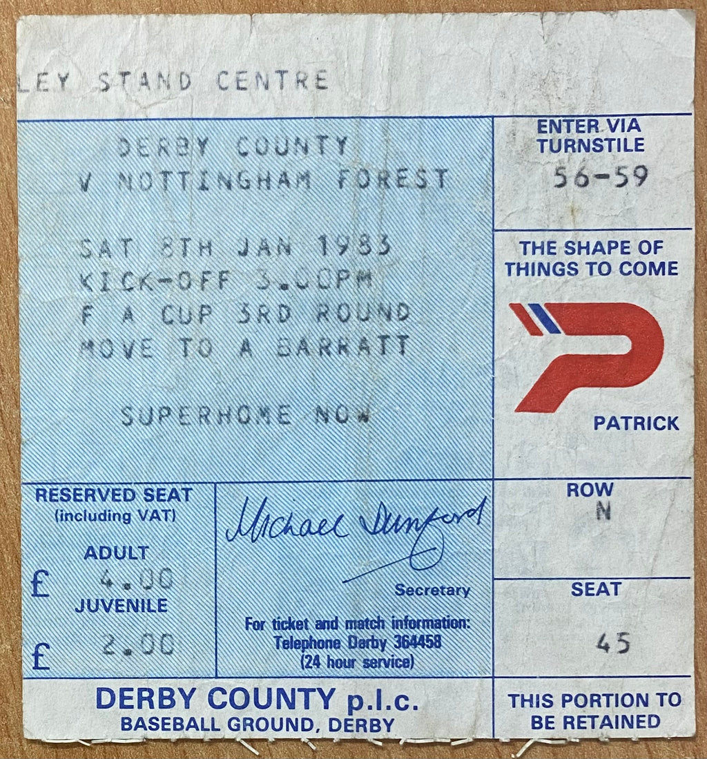 1982/83 ORIGINAL FA CUP 3RD ROUND TICKET DERBY COUNTY V NOTTINGHAM FOREST