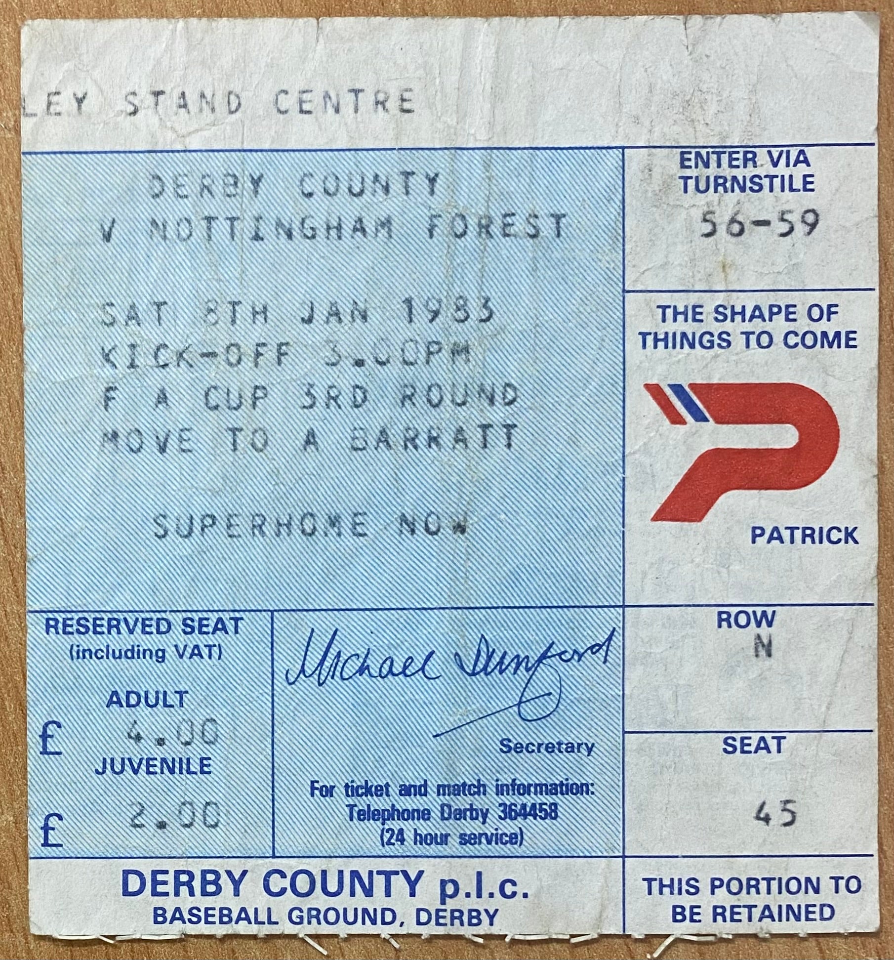 1982/83 ORIGINAL FA CUP 3RD ROUND TICKET DERBY COUNTY V NOTTINGHAM FOREST