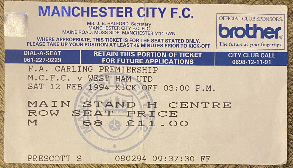 1993/94 ORIGINAL FA PREMIERSHIP TICKET MANCHESTER CITY V WEST HAM UNITED