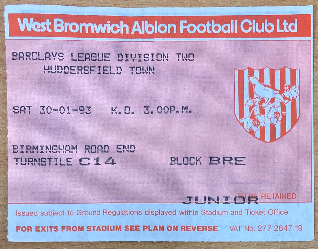 1992/93 ORIGINAL DIVISION 2 TICKET WEST BROMWICH ALBION V HUDDERSFIELD TOWN