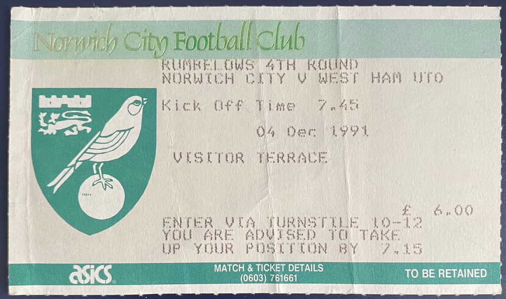 1991/92 ORIGINAL RUMBELOWS CUP 4TH ROUND TICKET NORWICH CITY V WEST HAM UNITED