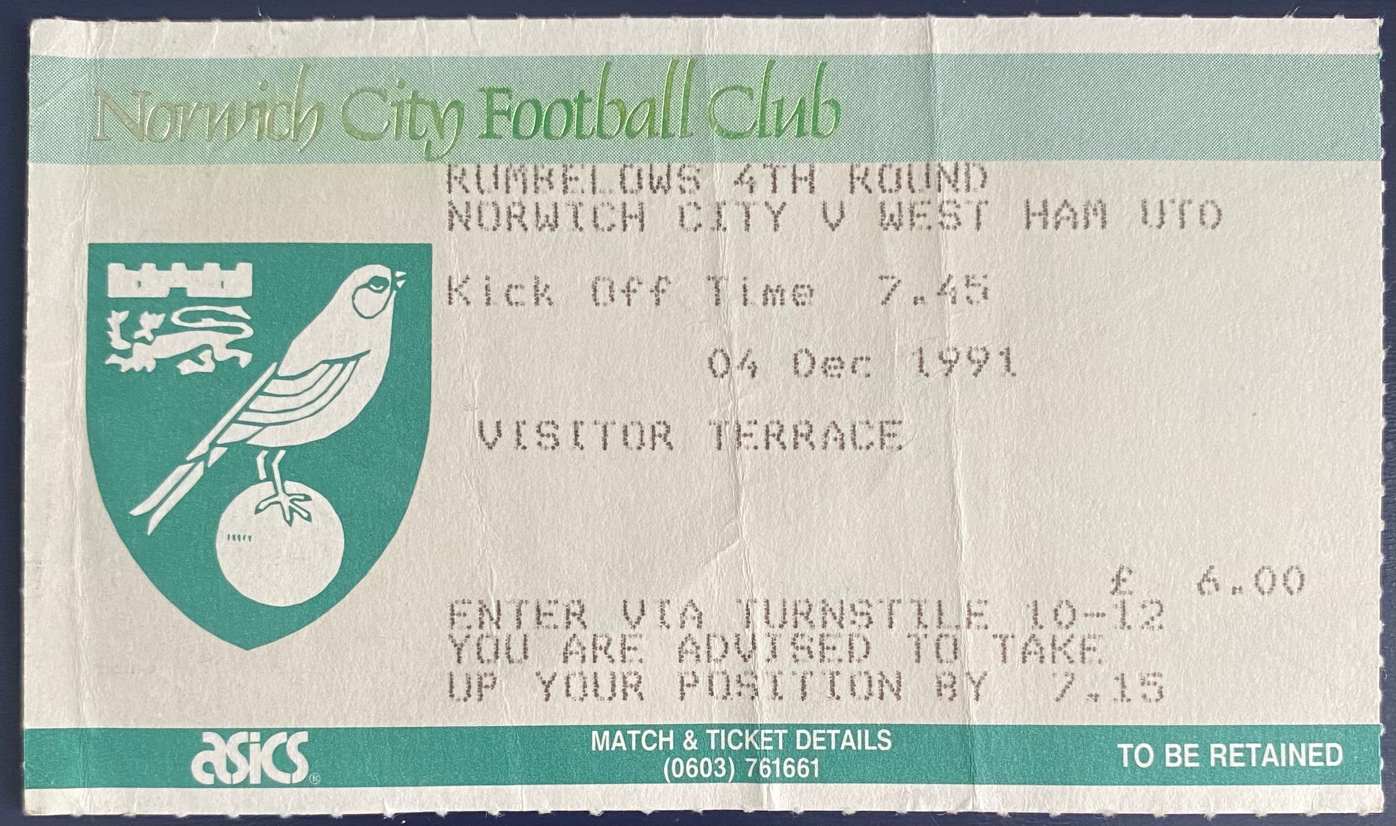 1991/92 ORIGINAL RUMBELOWS CUP 4TH ROUND TICKET NORWICH CITY V WEST HAM UNITED