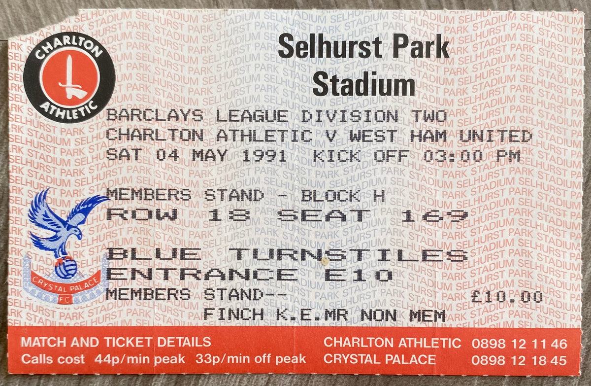 1990/91 ORIGINAL DIVISION 2 TICKET CHARLTON ATHLETIC V WEST HAM UNITED