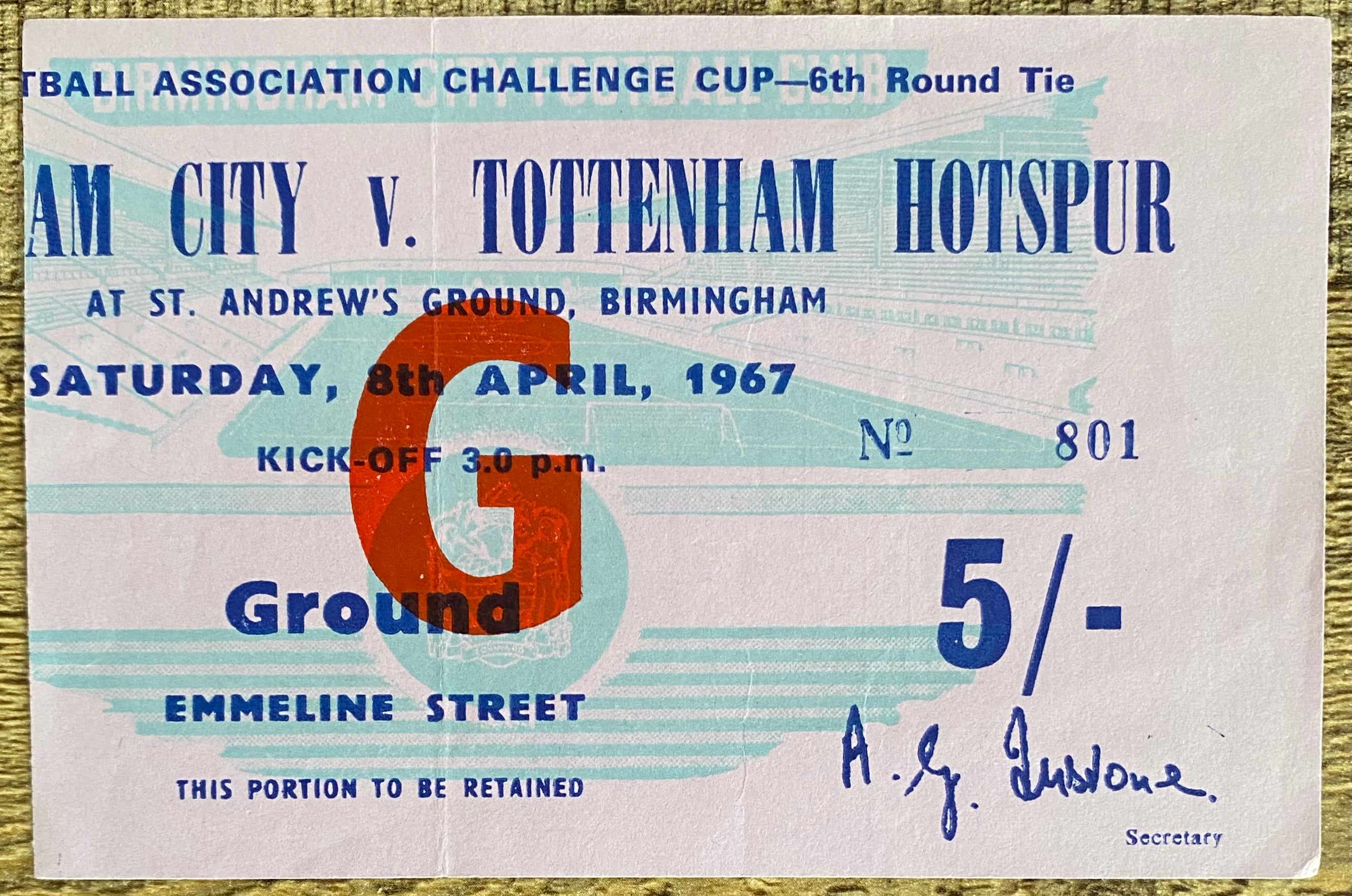1966/67 ORIGINAL FA CUP 6th ROUND TICKET BIRMINGHAM CITY V TOTTENHAM HOTSPUR