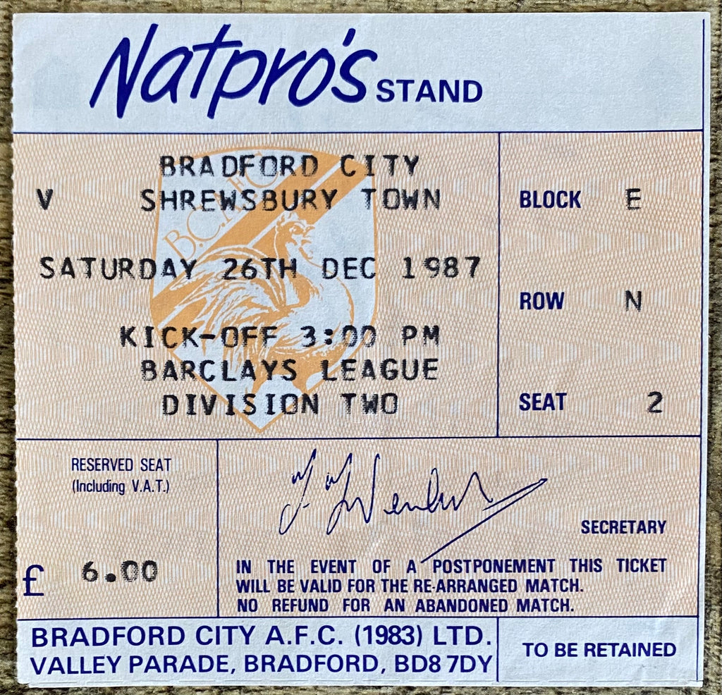 1987/88 ORIGINAL DIVISION 2 TICKET BRADFORD CITY V SHREWSBURY TOWN