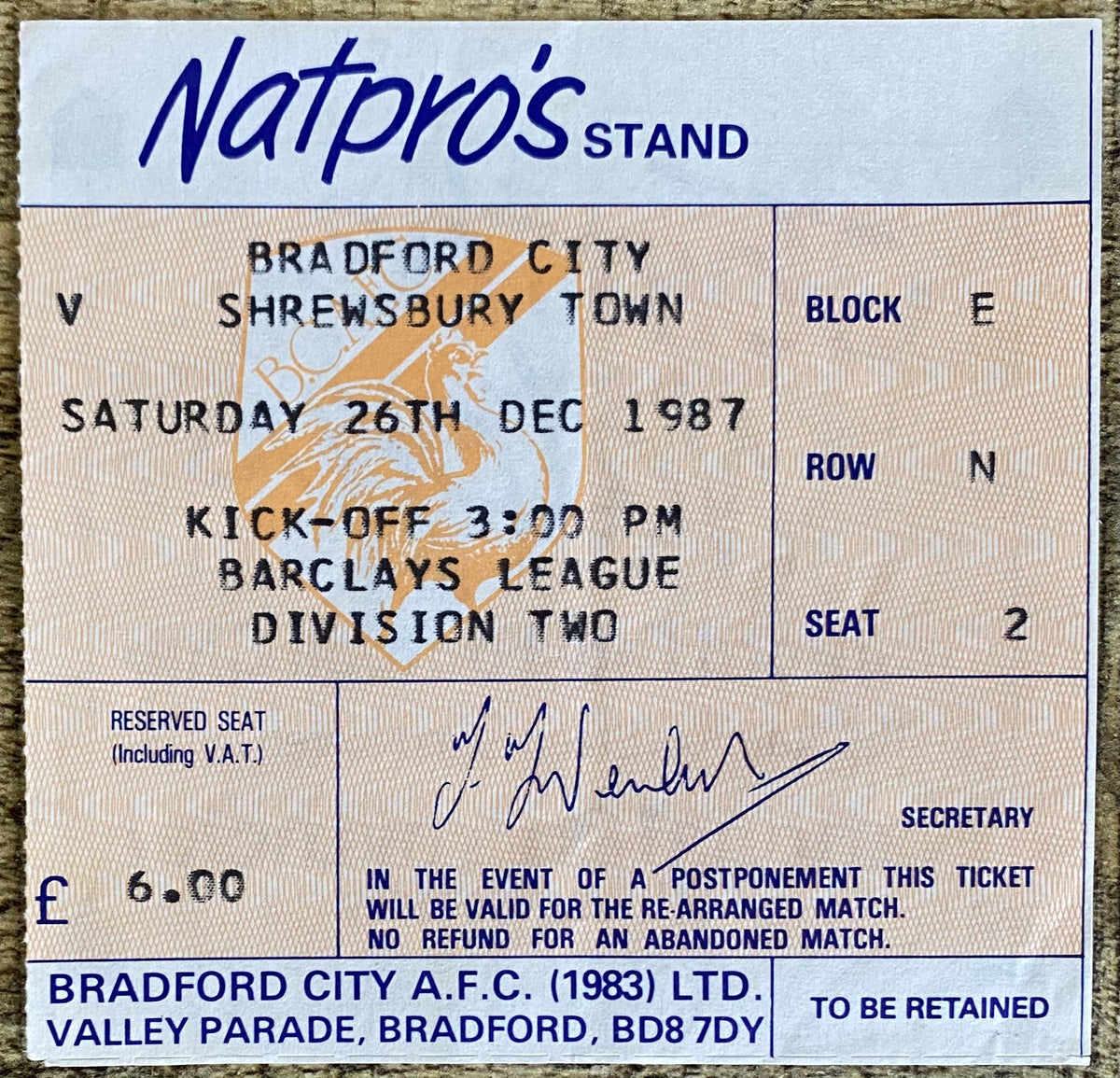 1987/88 ORIGINAL DIVISION 2 TICKET BRADFORD CITY V SHREWSBURY TOWN