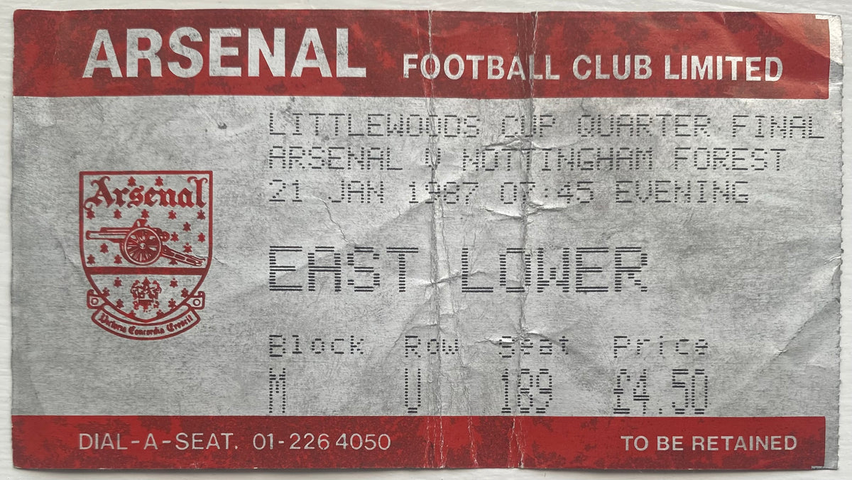 1986/87 ORIGINAL LITTLEWOODS CUP 5TH ROUND TICKET ARSENAL V NOTTINGHAM FOREST