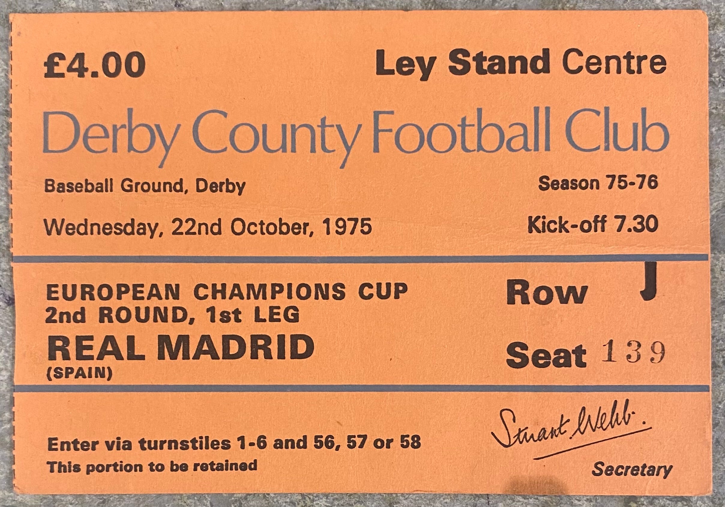 1975/76 ORIGINAL EUROPEAN CUP 2ND ROUND 1ST LEG TICKET DERBY COUNTY V REAL MADRID