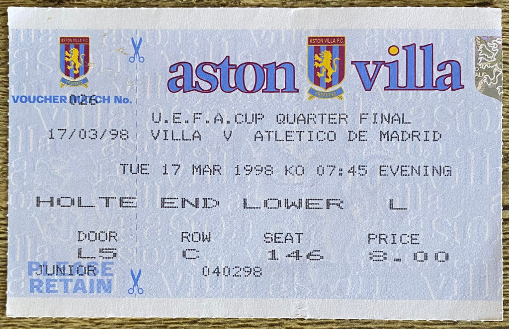 1997/98 ORIGINAL UEFA CUP QUARTER FINAL 2ND LEG TICKET ASTON VILLA V ATLETICO MADRID