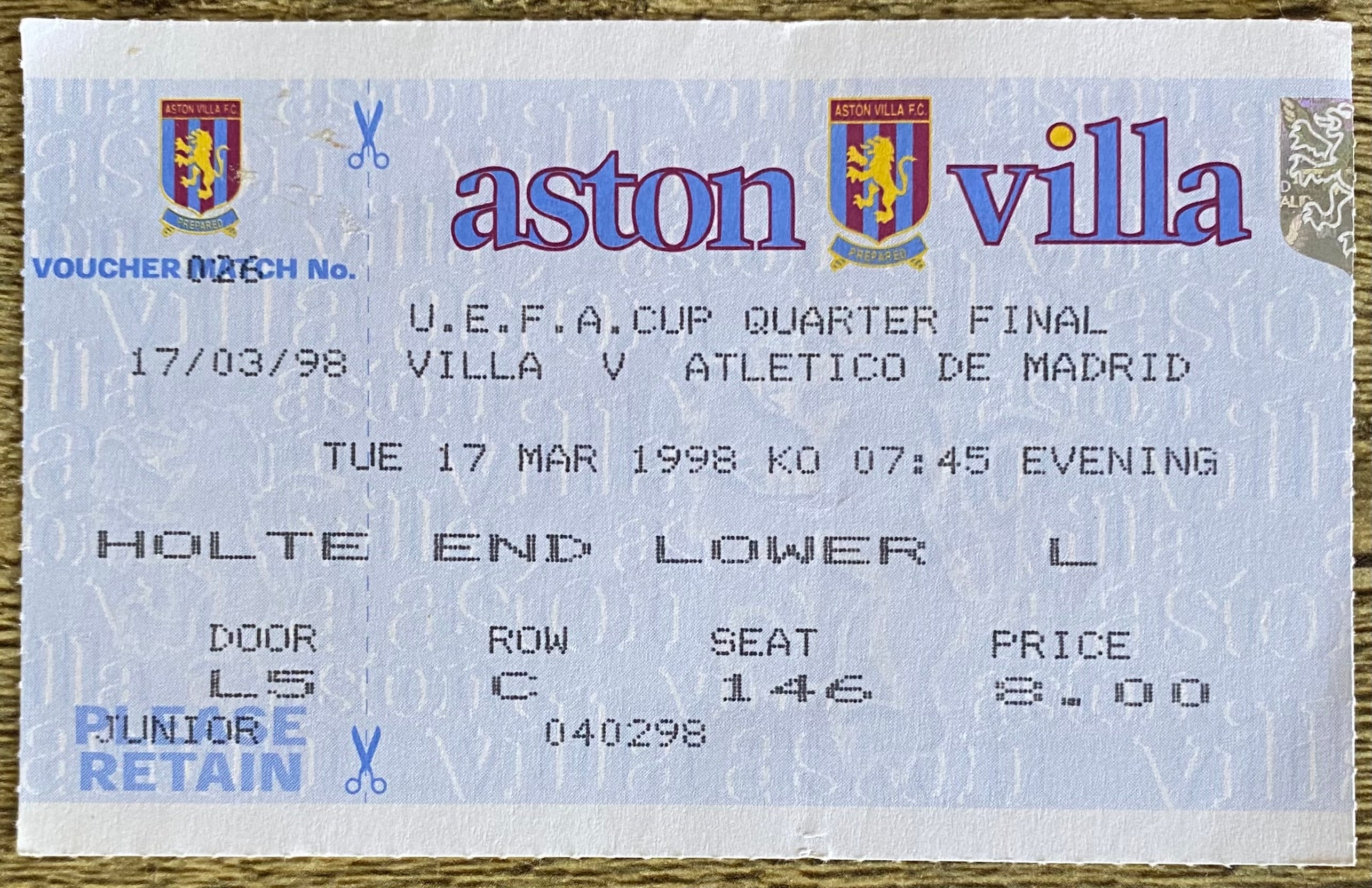 1997/98 ORIGINAL UEFA CUP QUARTER FINAL 2ND LEG TICKET ASTON VILLA V ATLETICO MADRID
