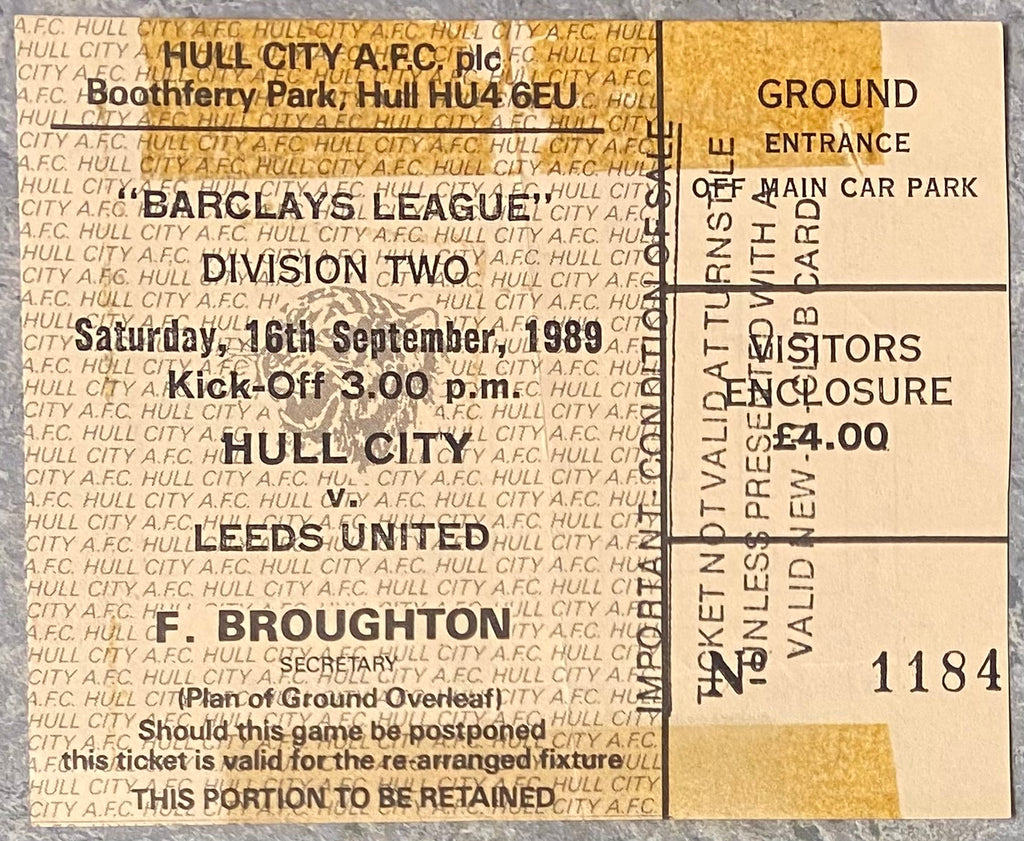 1989/90 ORIGINAL DIVISION TWO TICKET HULL CITY V LEEDS UNITED