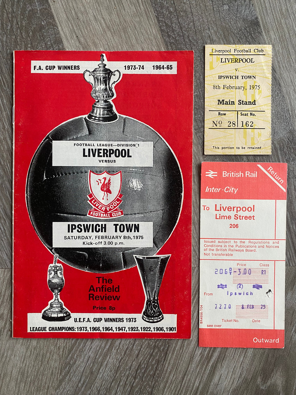 1974/75 ORIGINAL DIVISION ONE PROGRAMME, MATCH AND TRAIN TICKET LIVERPOOL V IPSWICH TOWN