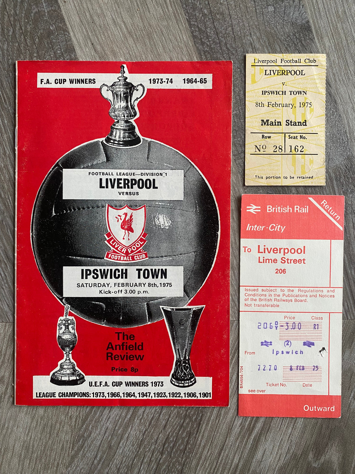 1974/75 ORIGINAL DIVISION ONE PROGRAMME, MATCH AND TRAIN TICKET LIVERPOOL V IPSWICH TOWN