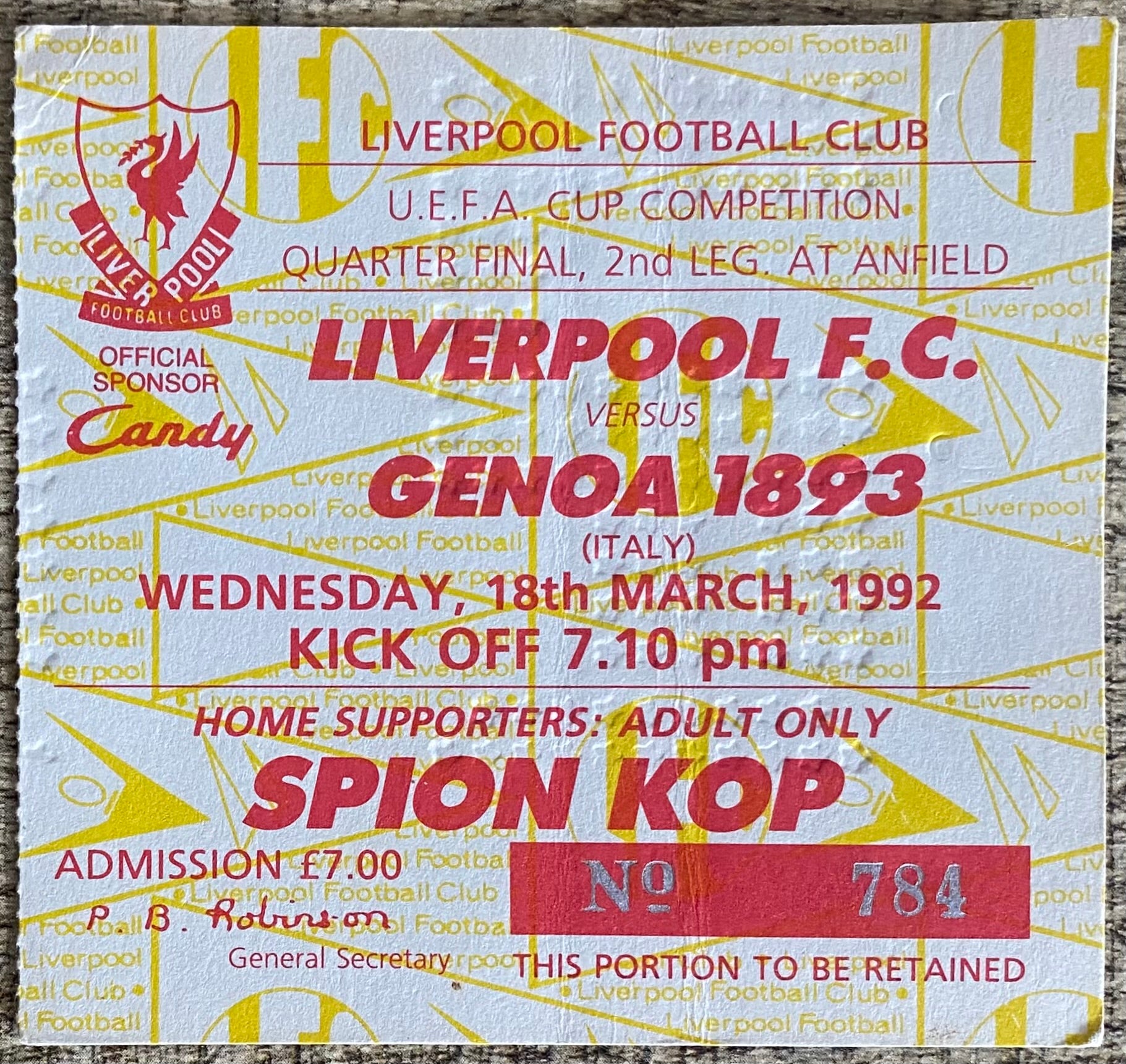 1991/92 ORIGINAL UEFA CUP QUARTER FINAL 2ND LEG  TICKET LIVERPOOL V GENOA 1893