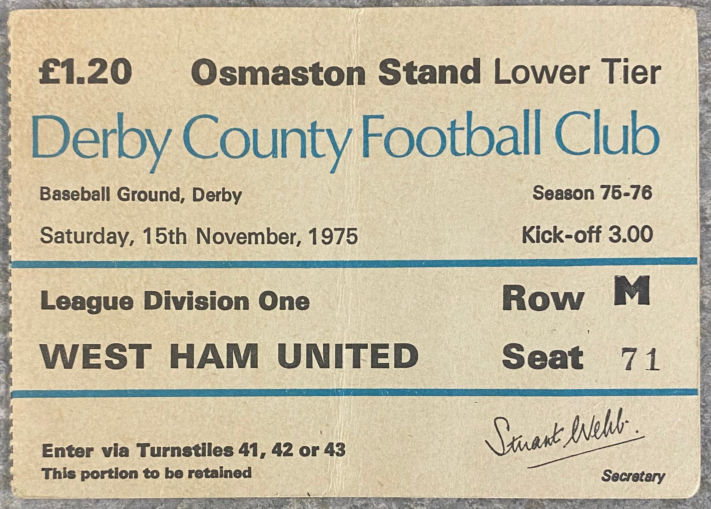 1975/76 ORIGINAL DIVISION ONE TICKET DERBY COUNTY V WEST HAM UNITED