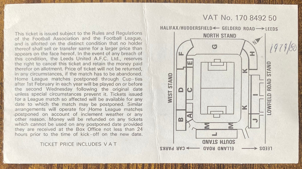 1979/80 ORIGINAL DIVISION ONE TICKET LEEDS UNITED V DERBY COUNTY