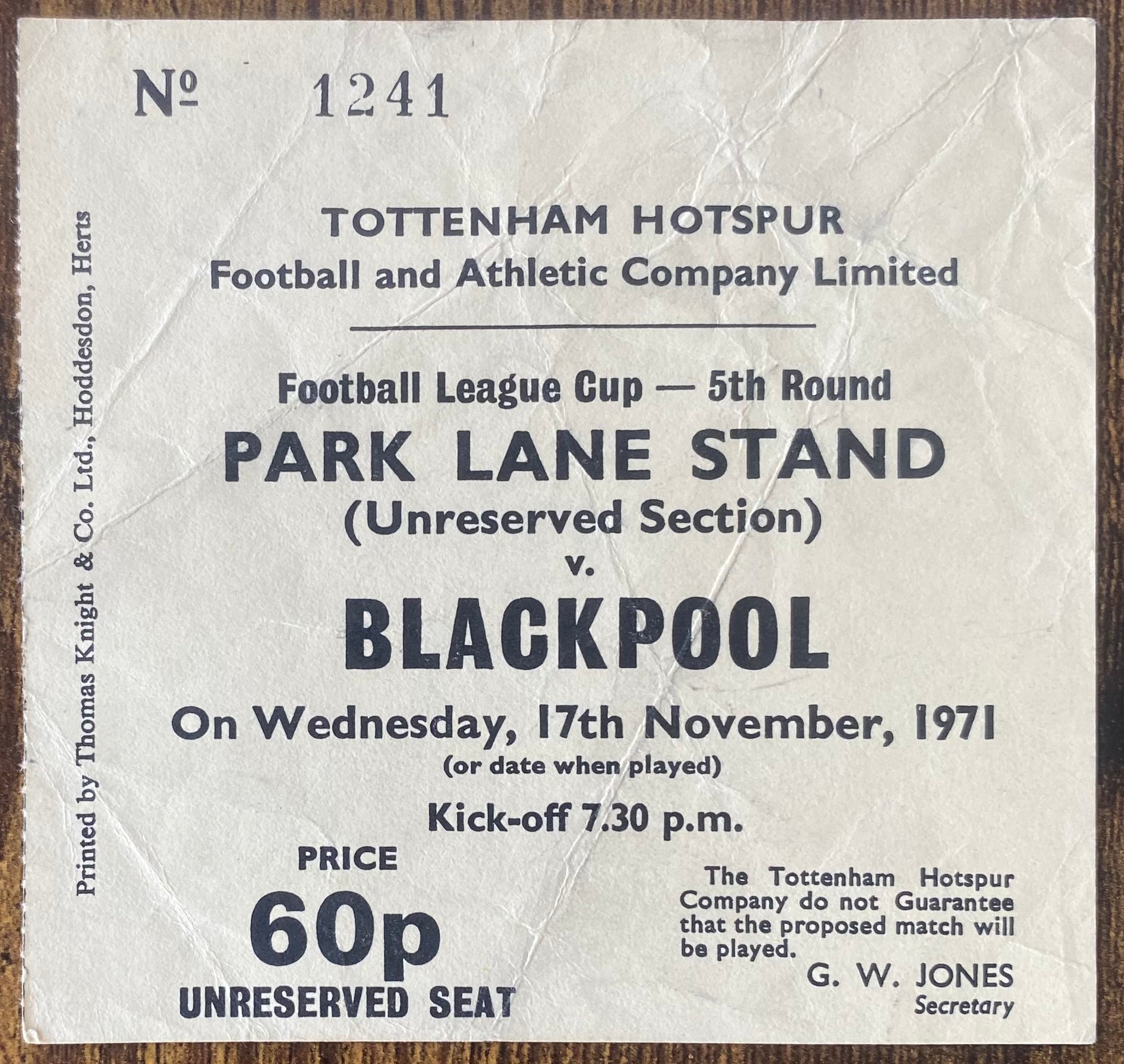 1971/72 ORIGINAL LEAGUE CUP 5TH ROUND TICKET TOTTENHAM HOTSPUR V BLACKPOOL