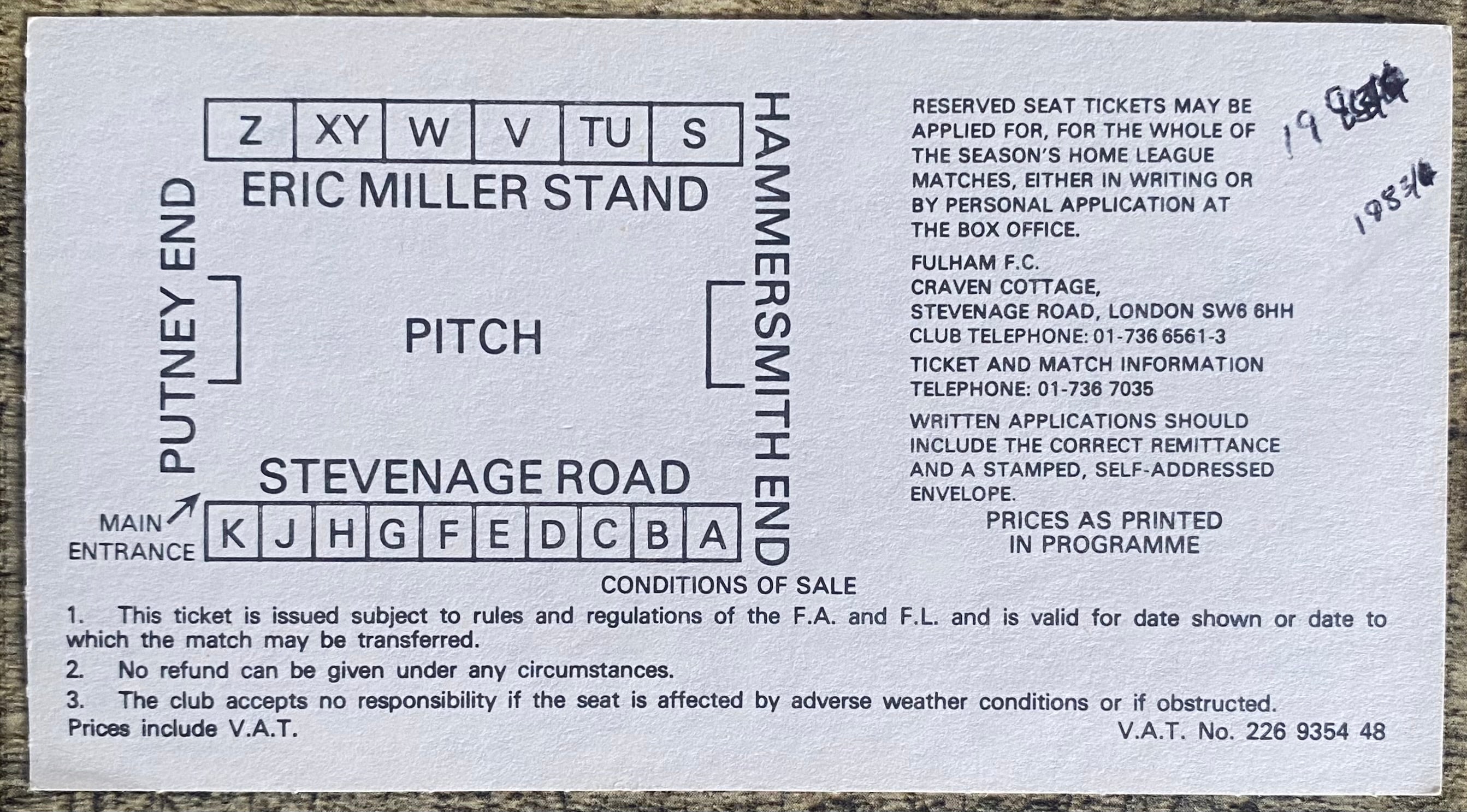 1983/84 ORIGINAL DIVISION 2 TICKET FULHAM V BARNSLEY