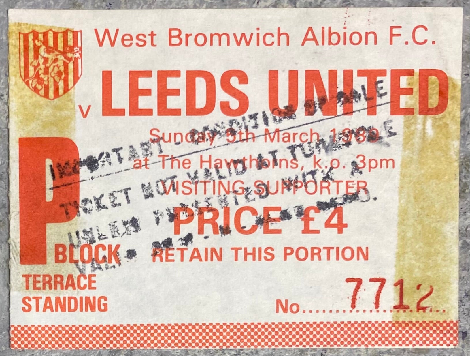 1988/89 ORIGINAL DIVISION TWO TICKET WEST BROMWICH ALBION V LEEDS UNITED