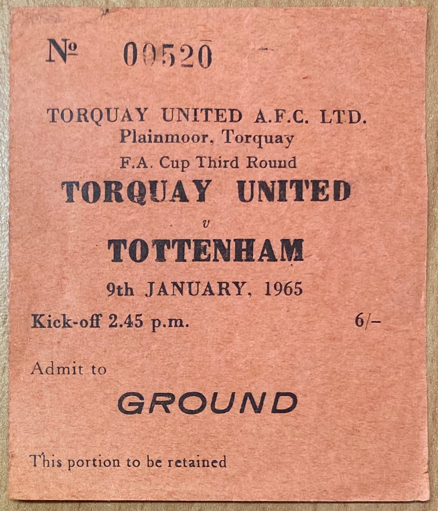 1964/65 ORIGINAL FA CUP 3RD ROUND TICKET TORQUAY UNITED V TOTTENHAM HOTSPUR