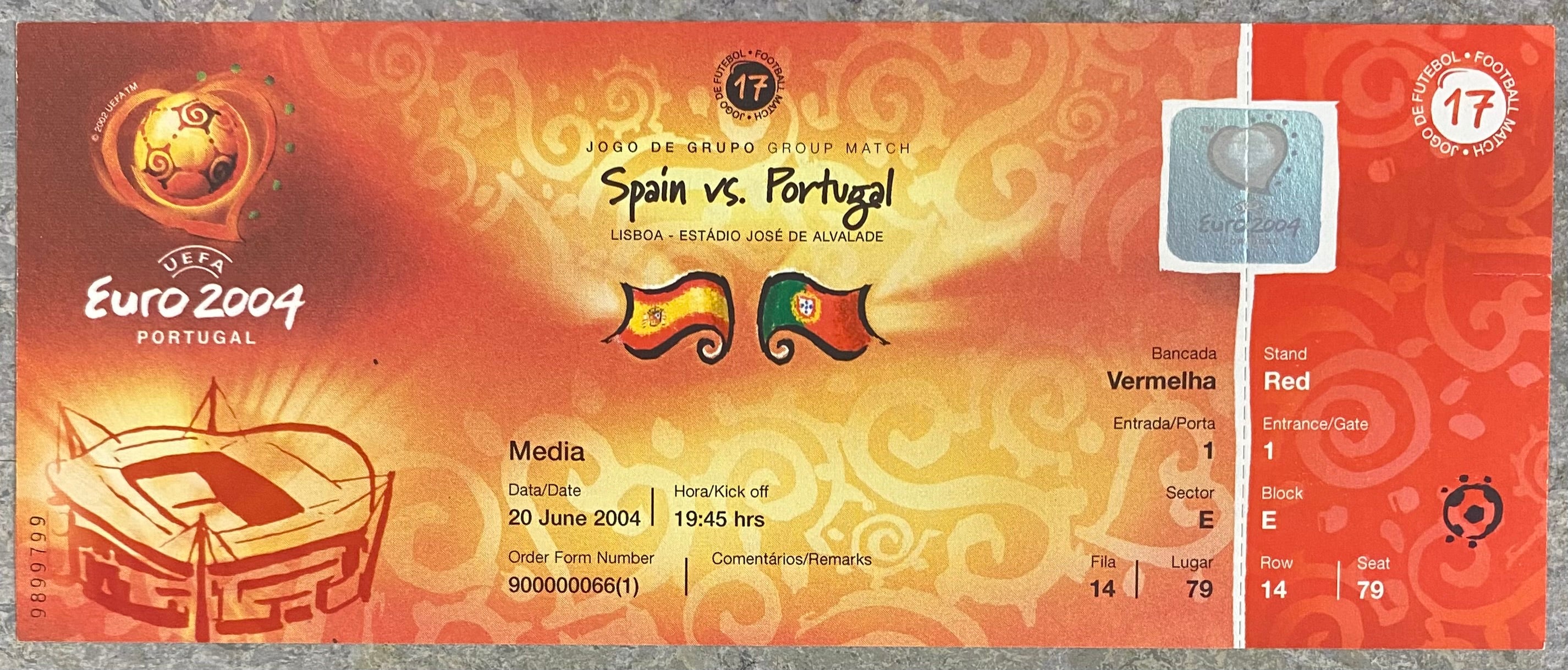 2004 ORIGINAL EUROPEAN CHAMPIONSHIPS UNUSED TICKET SPAIN V PORTUGAL @ LISBON