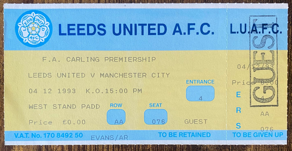 1993/94 ORIGINAL PREMIERSHIP UNUSED TICKET LEEDS UNITED V MANCHESTER CITY