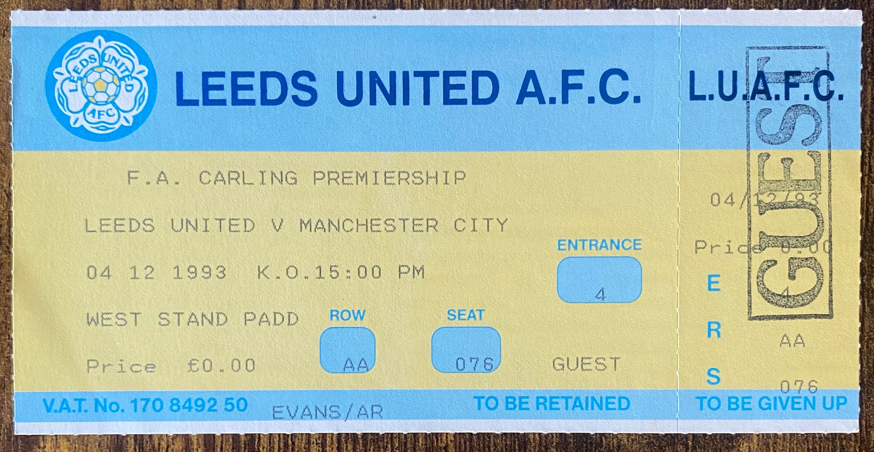 1993/94 ORIGINAL PREMIERSHIP UNUSED TICKET LEEDS UNITED V MANCHESTER CITY