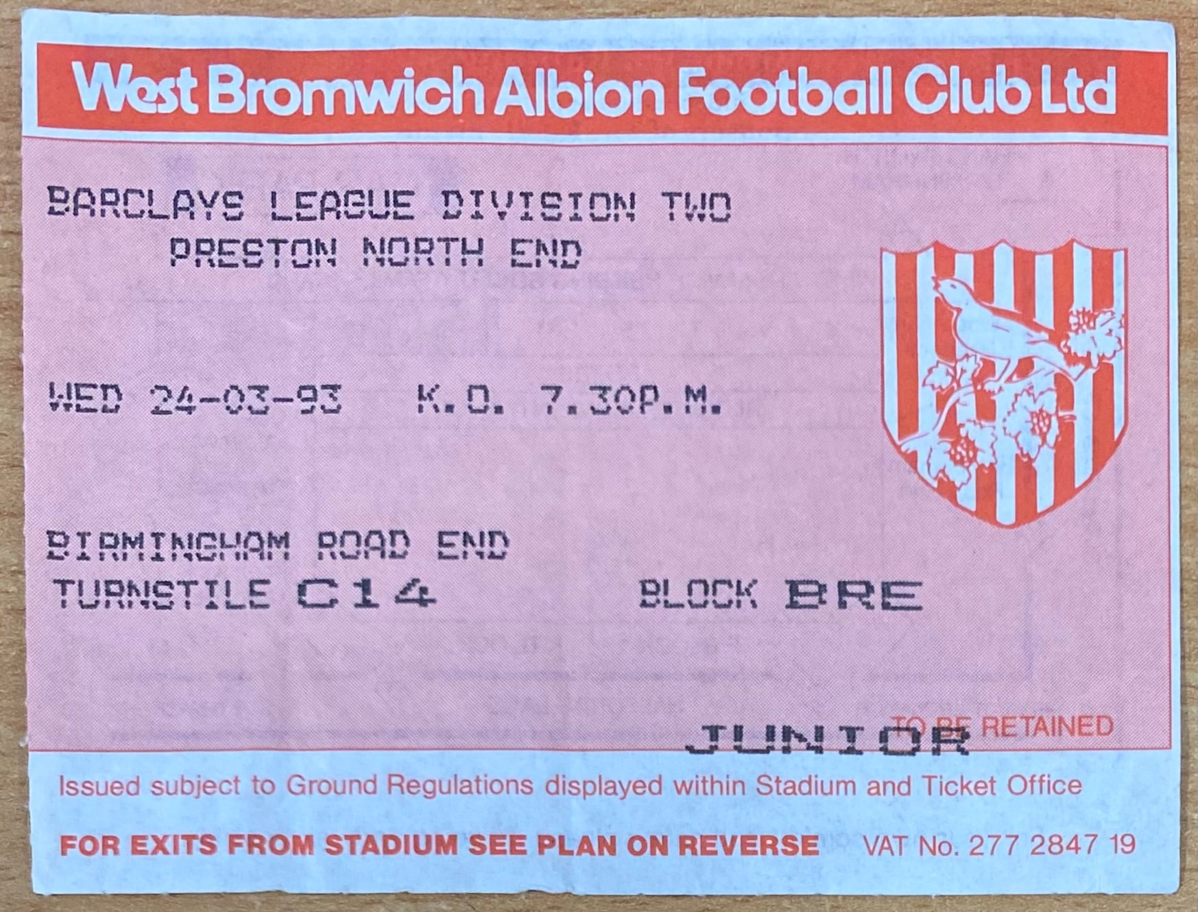 1992/93 ORIGINAL DIVISION 2 TICKET WEST BROMWICH ALBION V PRESTON NORTH END