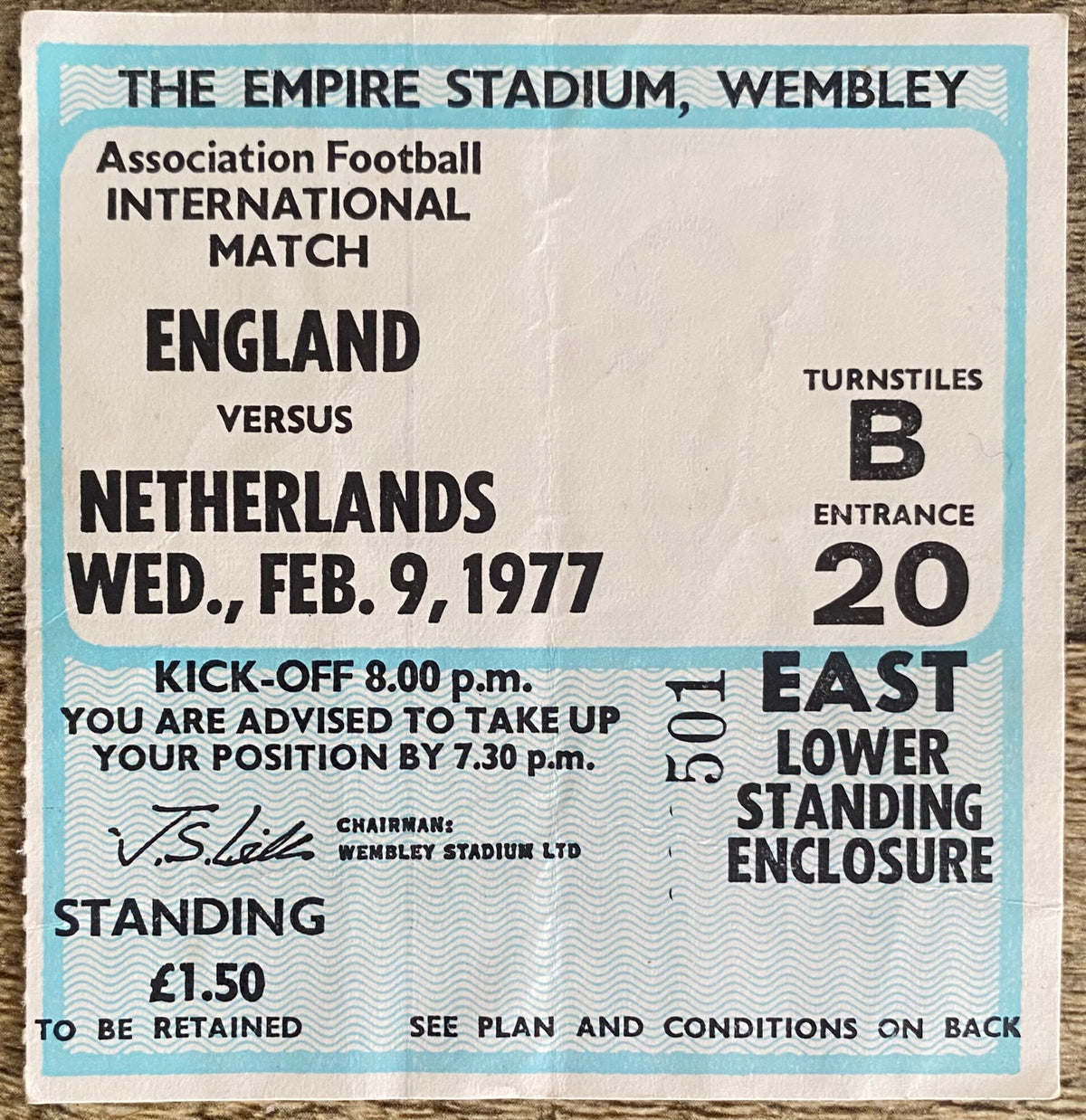 1977 ORIGINAL INTERNATIONAL TICKET ENGLAND V NETHERLANDS