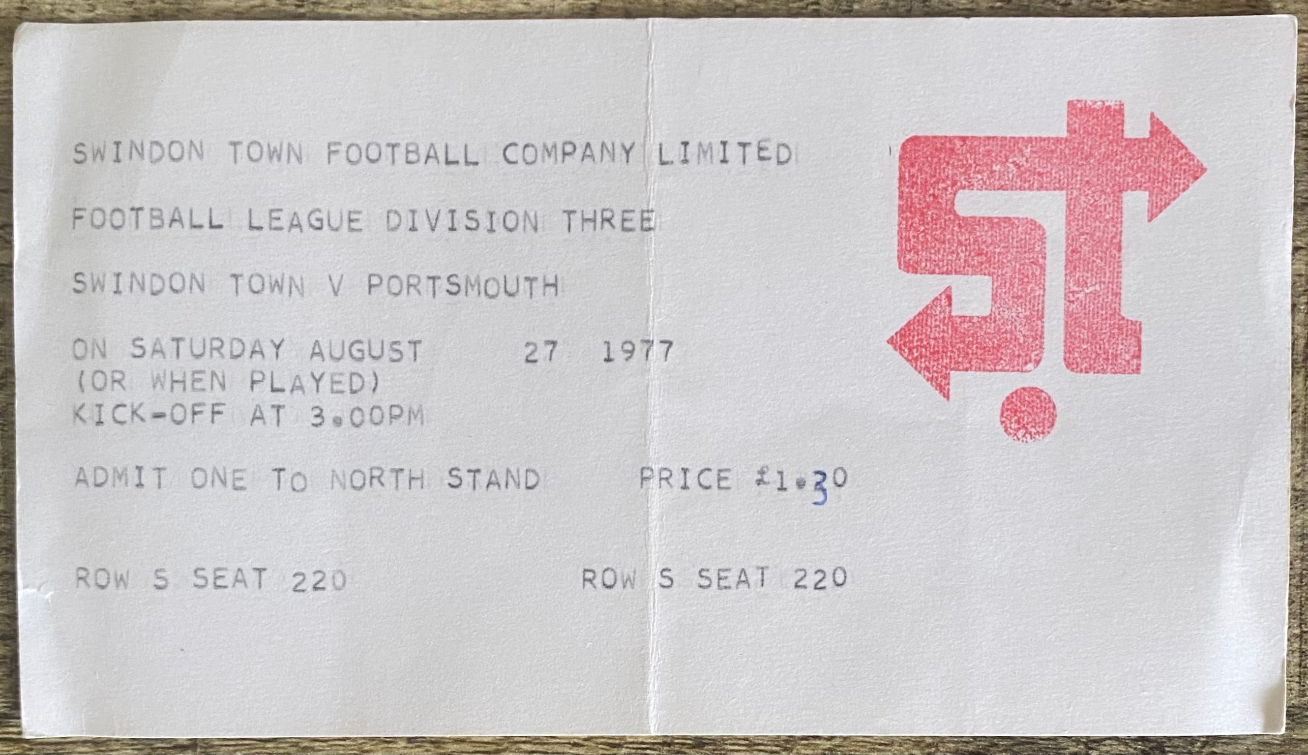 1977/78 ORIGINAL DIVISION 3 TICKET SWINDON TOWN V PORTSMOUTH