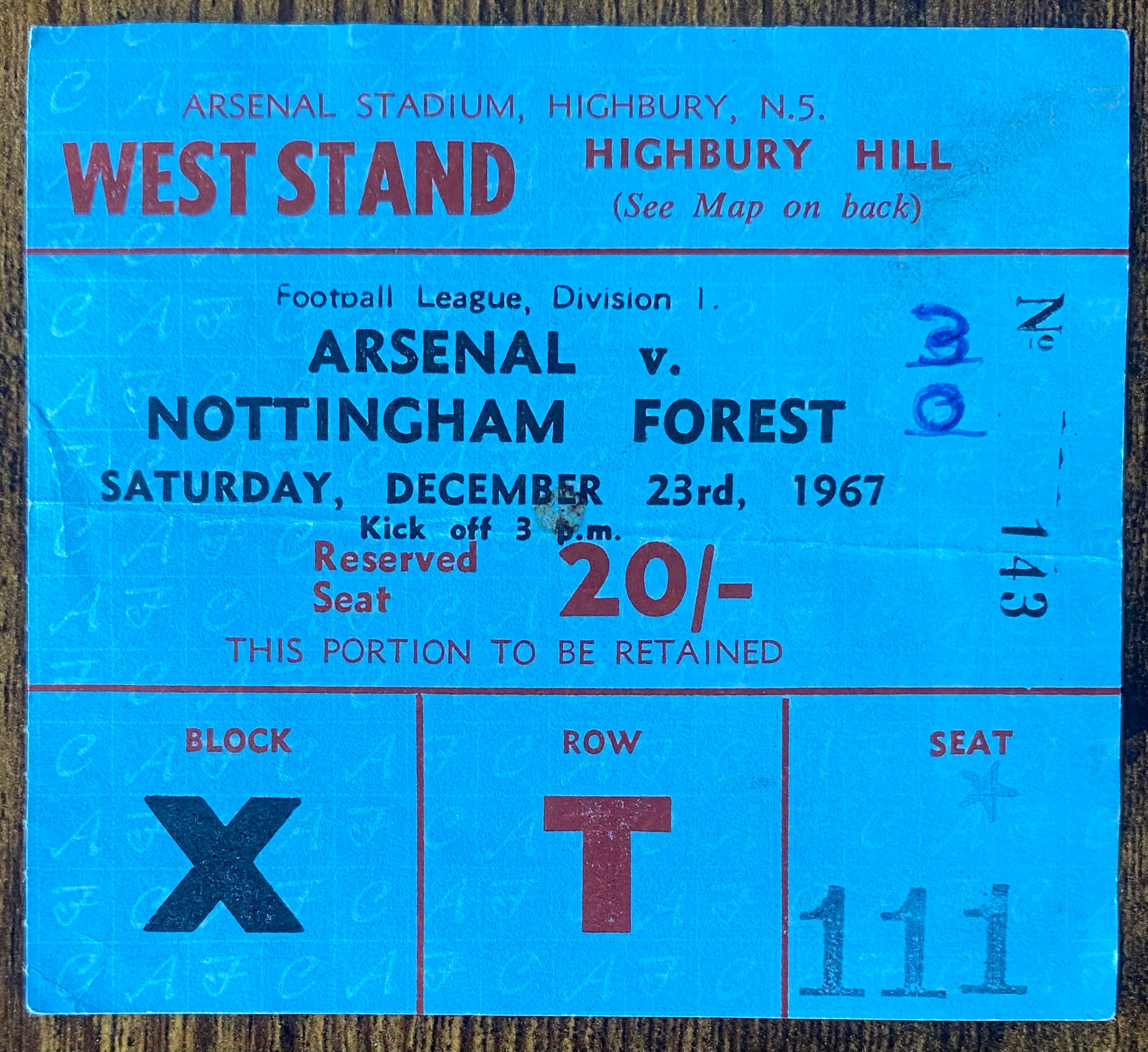 1967/68 ORIGINAL DIVISION ONE TICKET ARSENAL V NOTTINGHAM FOREST