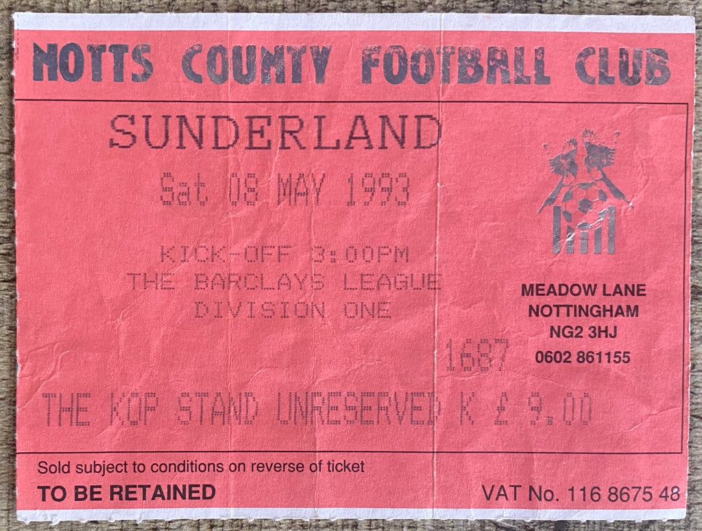 1992/93 ORIGINAL DIVISION 1 TICKET NOTTS COUNTY V SUNDERLAND